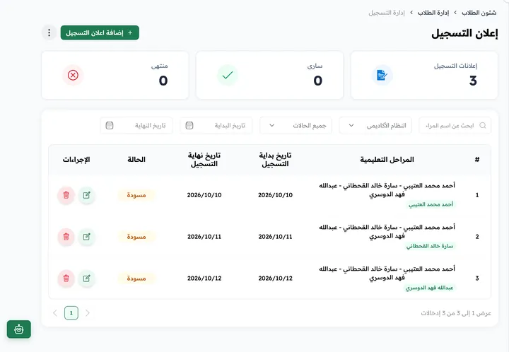 مسار القبول والتسجيل في لوحة Classti (بيانات تجريبية)